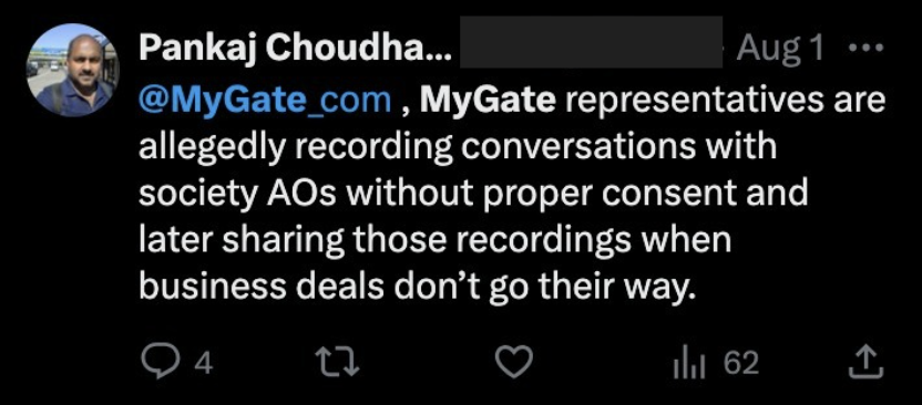 Social media complaint alleging MyGate representatives record conversations with society AOs without consent and later share those recordings